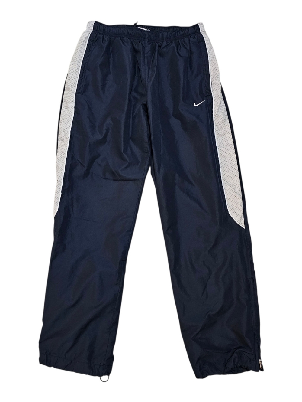 Vintage Y2k Nike Navy Track Pants with White Side Panels and Swoosh